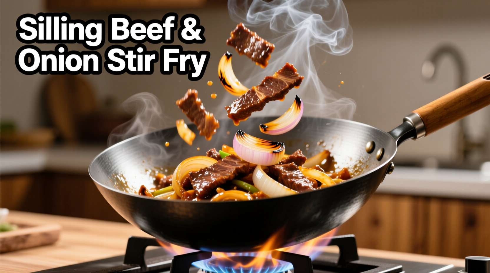 Sizzling beef and onion stir fry in wok