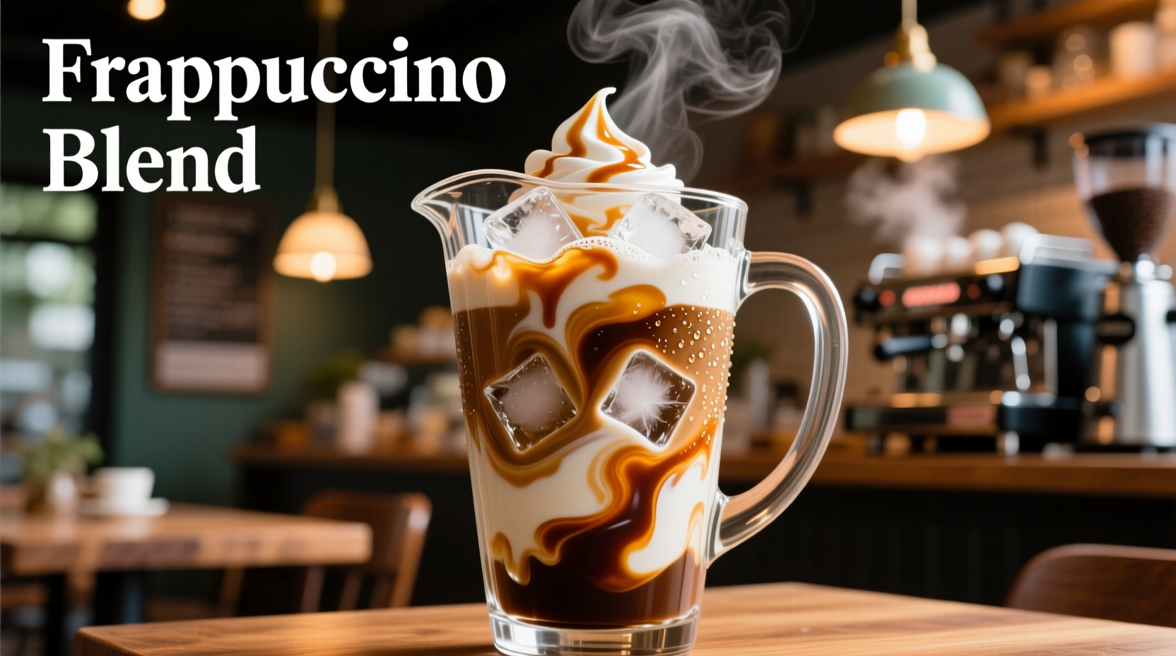 Blending frappuccino ingredients in glass pitcher