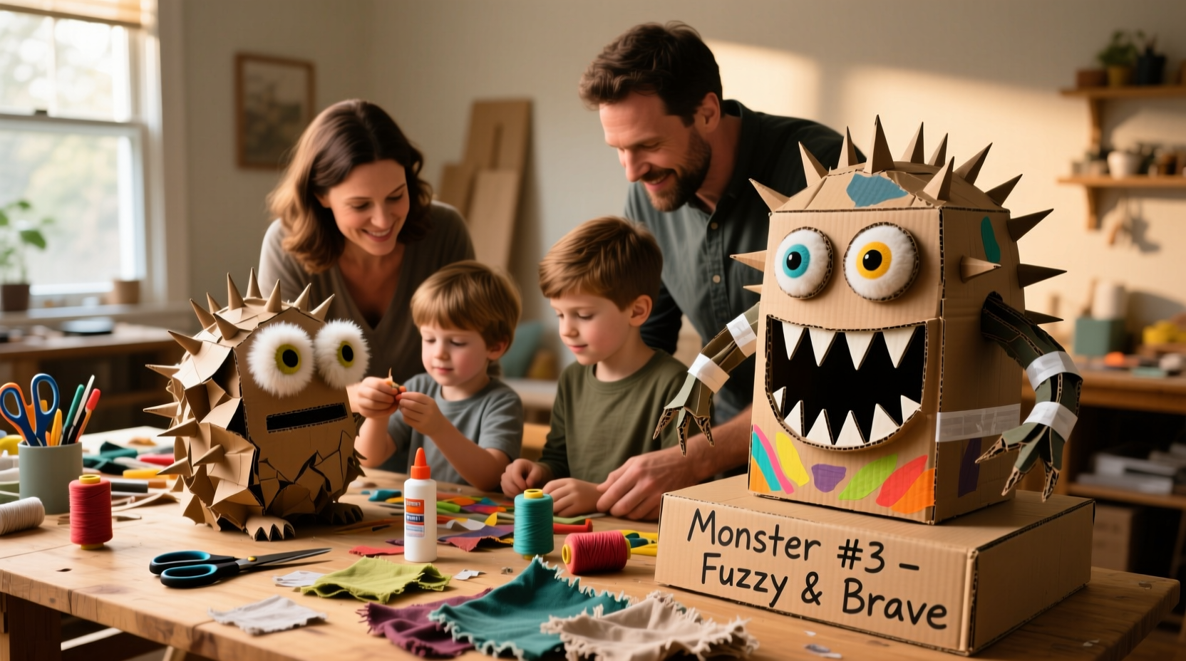 Family creating textured monster sculptures from recycled cardboard and fabric