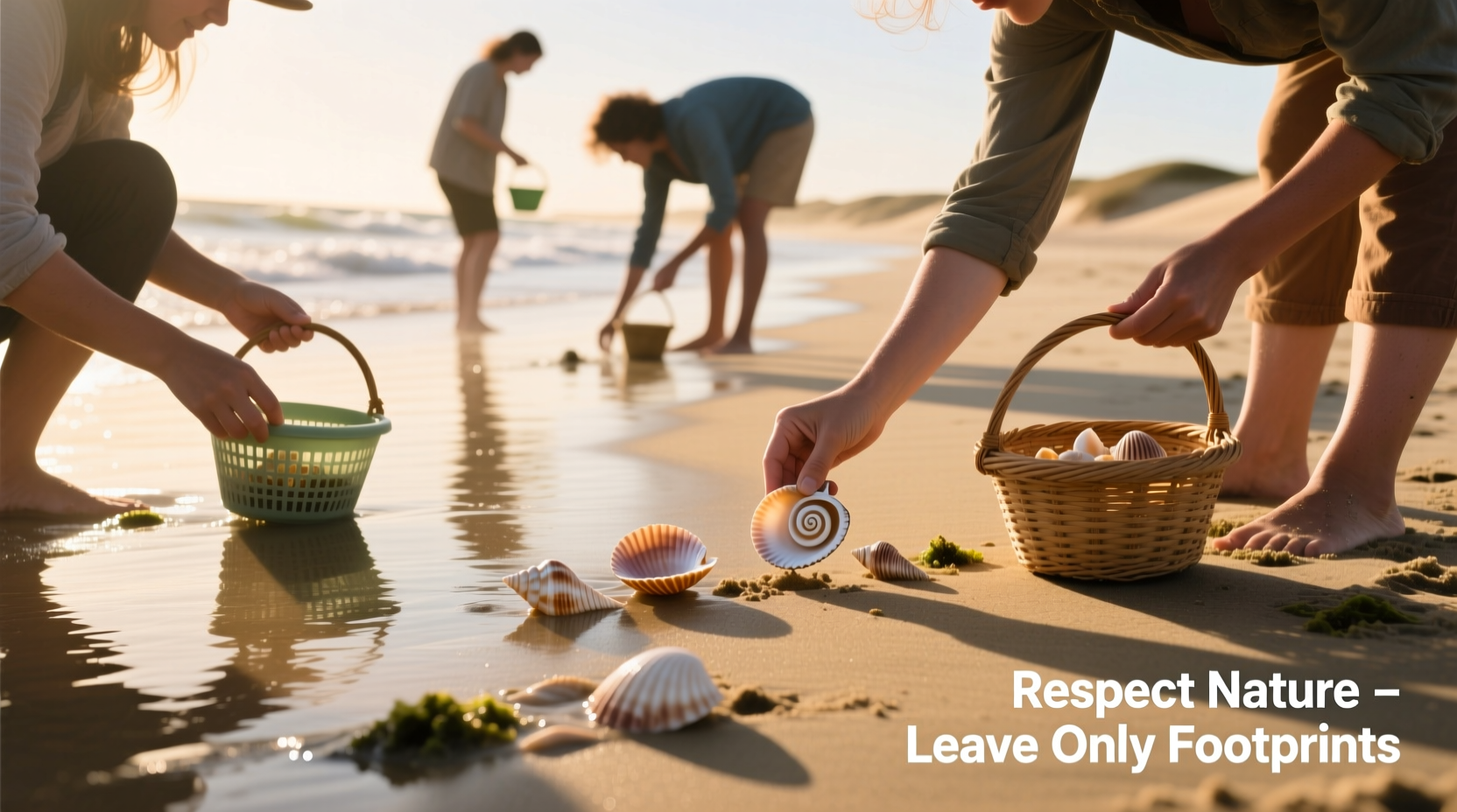 Collecting empty seashells on sandy shoreline responsibly