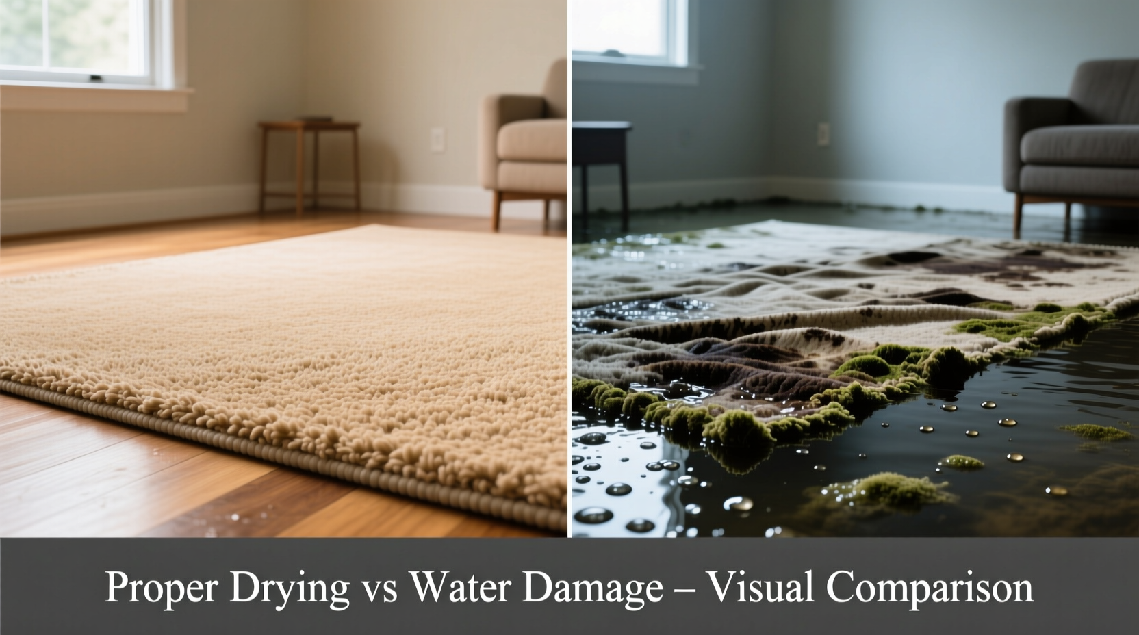 Comparison of properly dried vs water-damaged carpet
