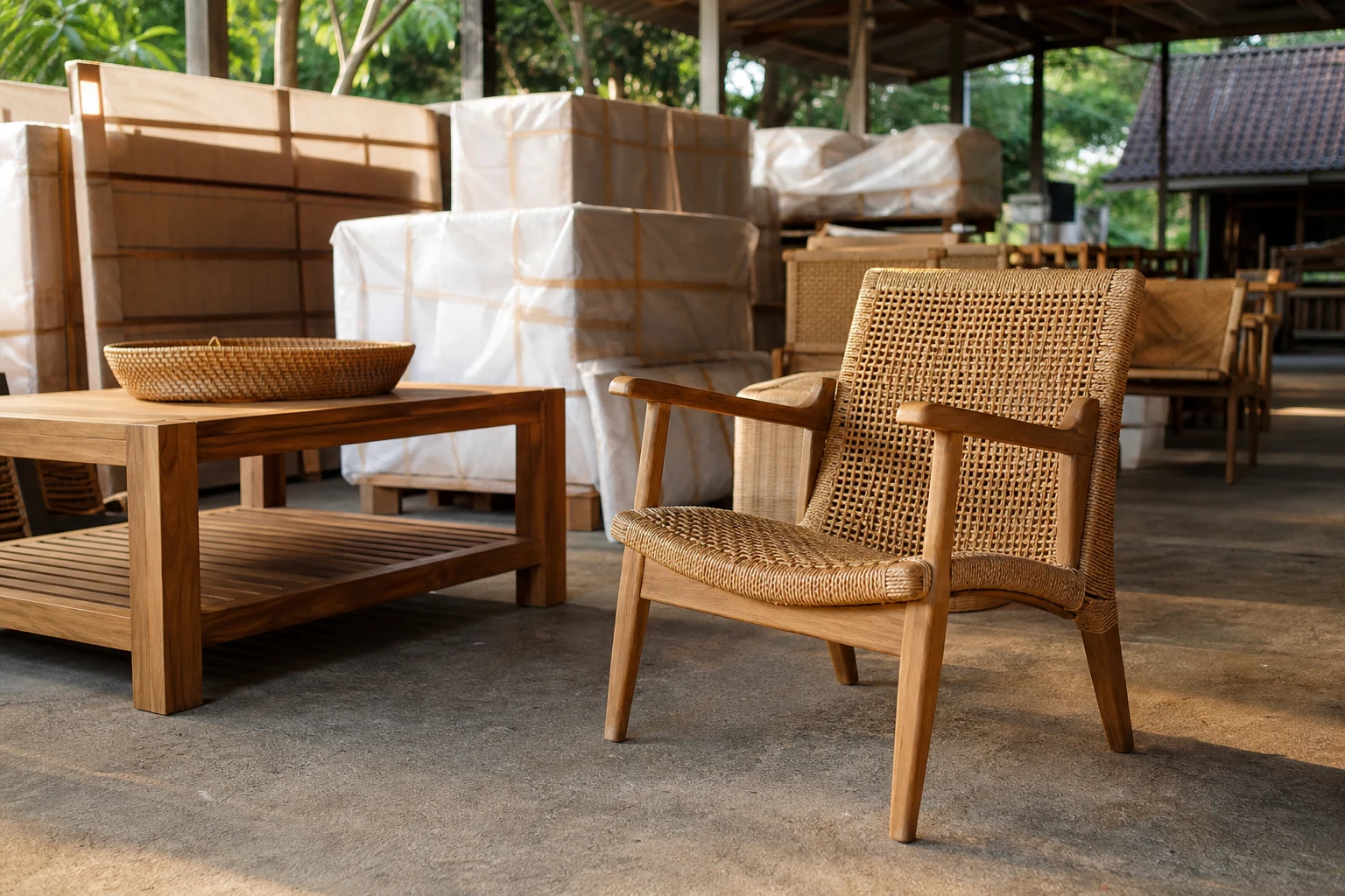 Illustrative rattan and teak furniture prepared for export