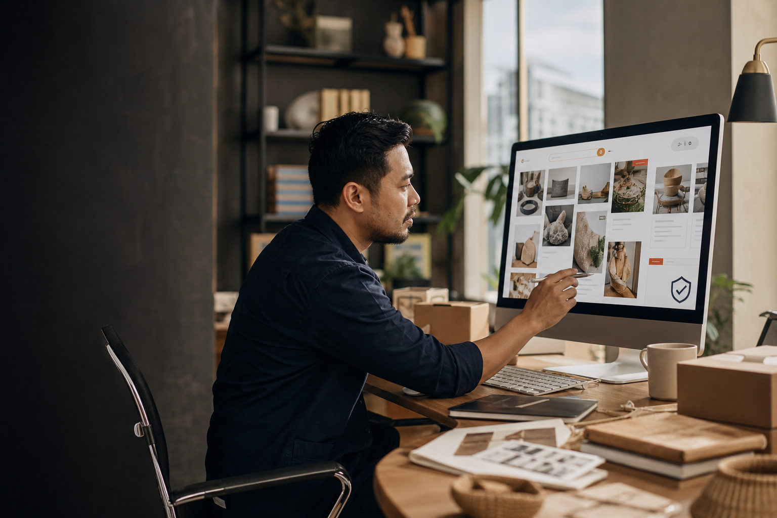 Illustrative editorial scene of an Indonesian marketing professional developing a product-rich global storefront