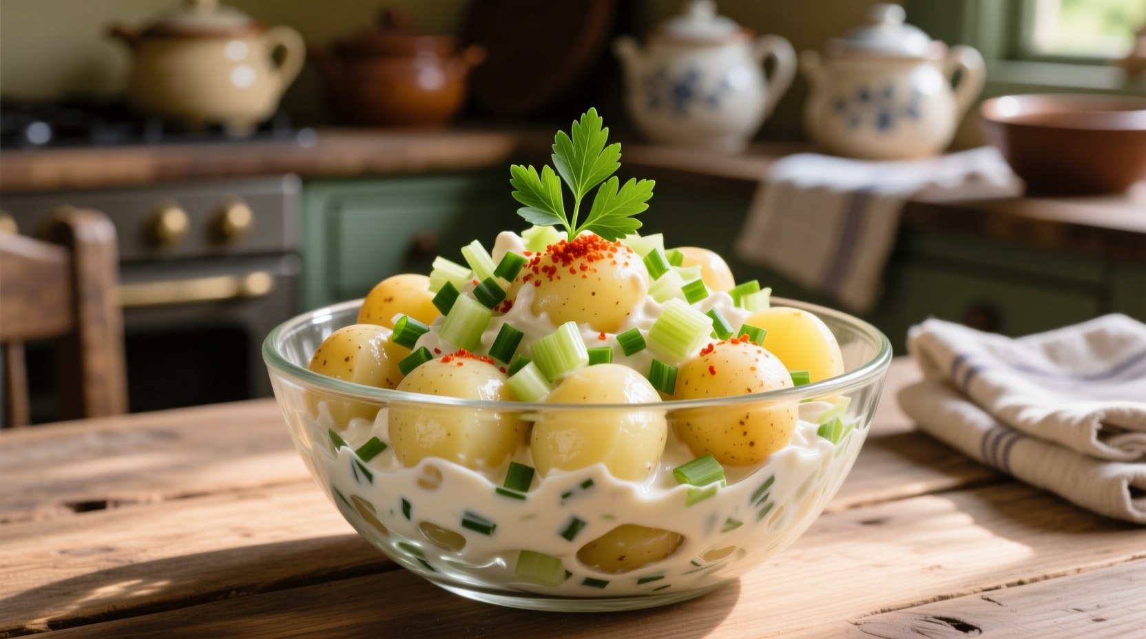 Creamy classic potato salad in glass bowl with garnish