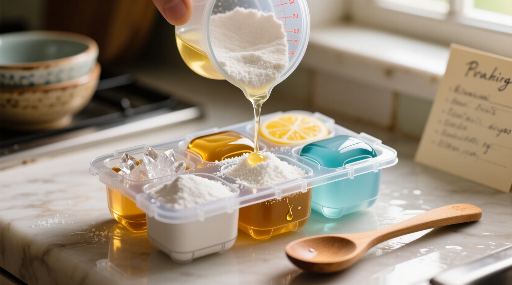 Mixing homemade dishwasher pods in silicone tray