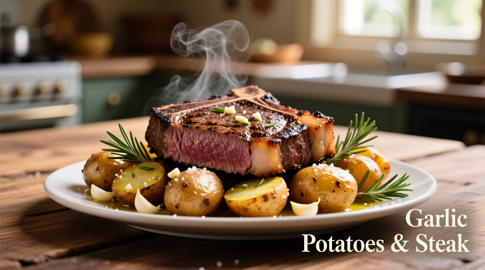 garlic potatoes and steak