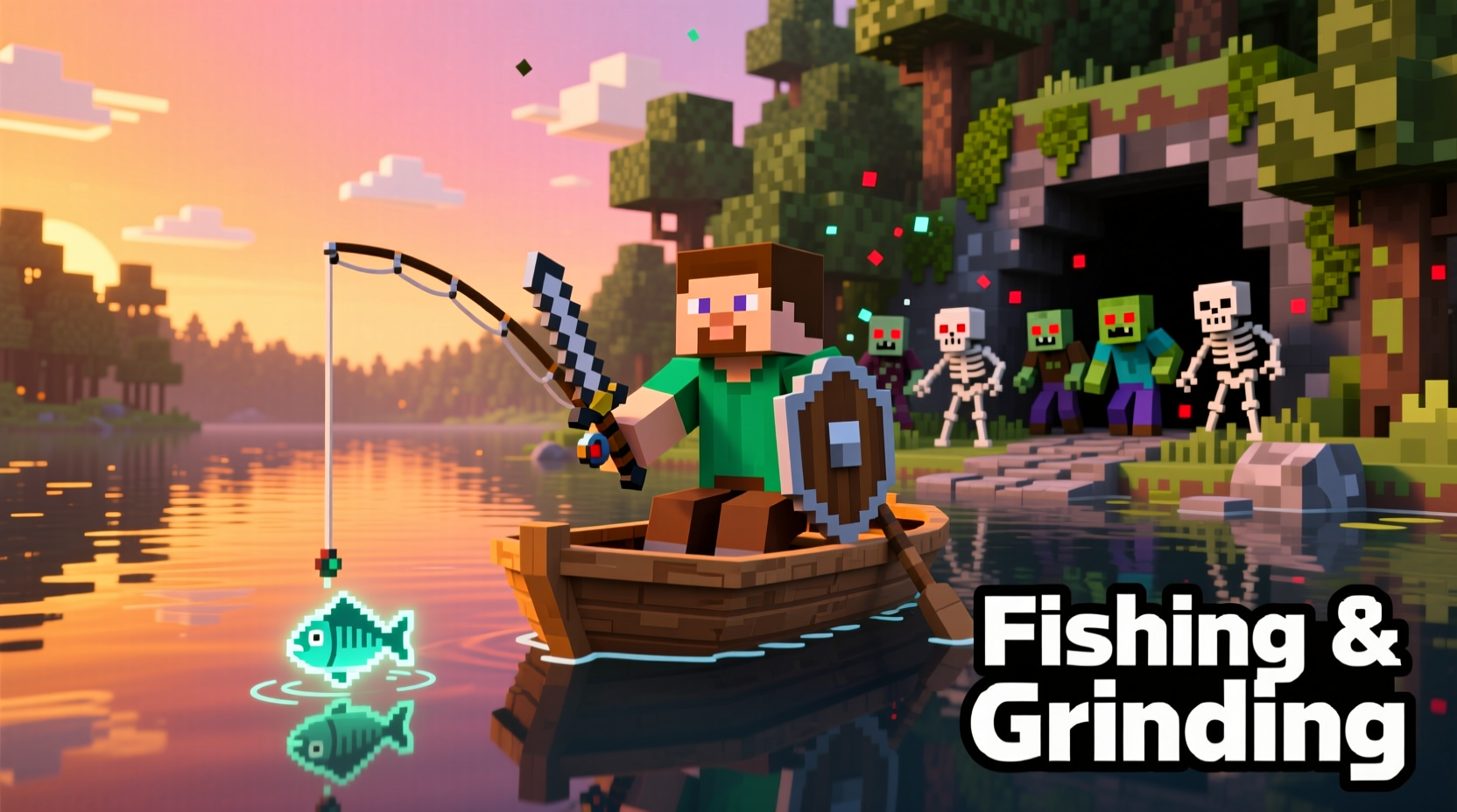 Minecraft player using boat for fishing and mob grinding