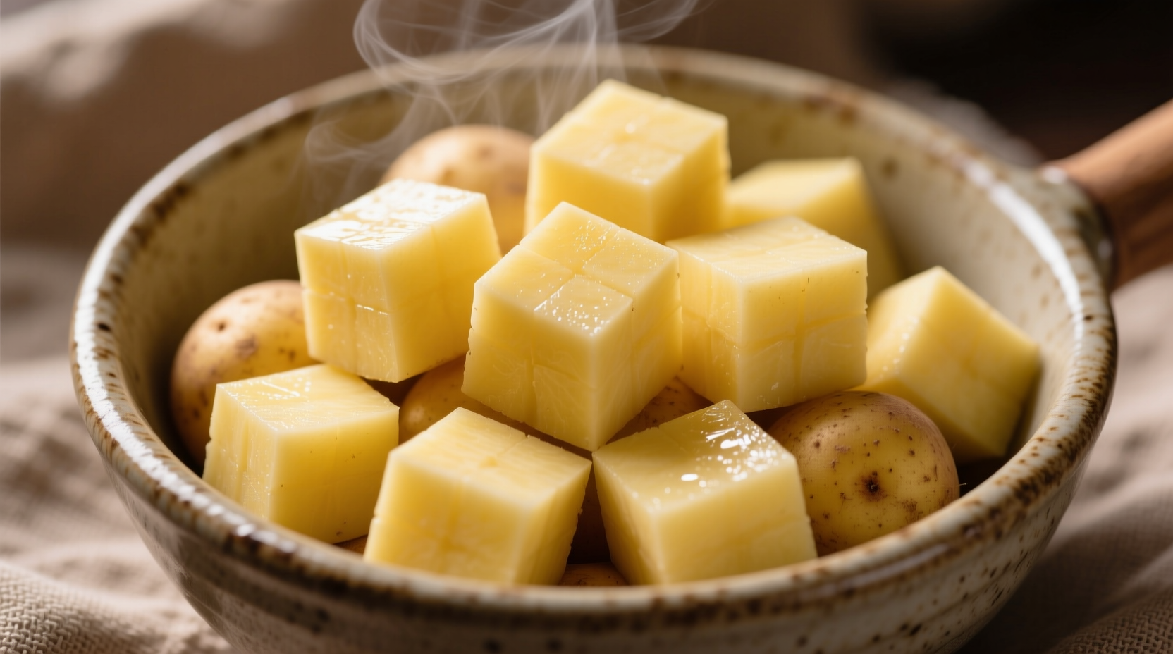 Perfectly cubed Yukon Gold potatoes in mixing bowl