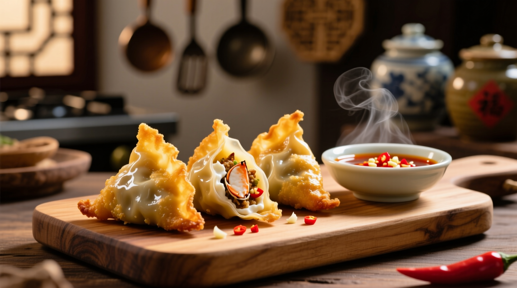 Golden fried crab rangoon with dipping sauce