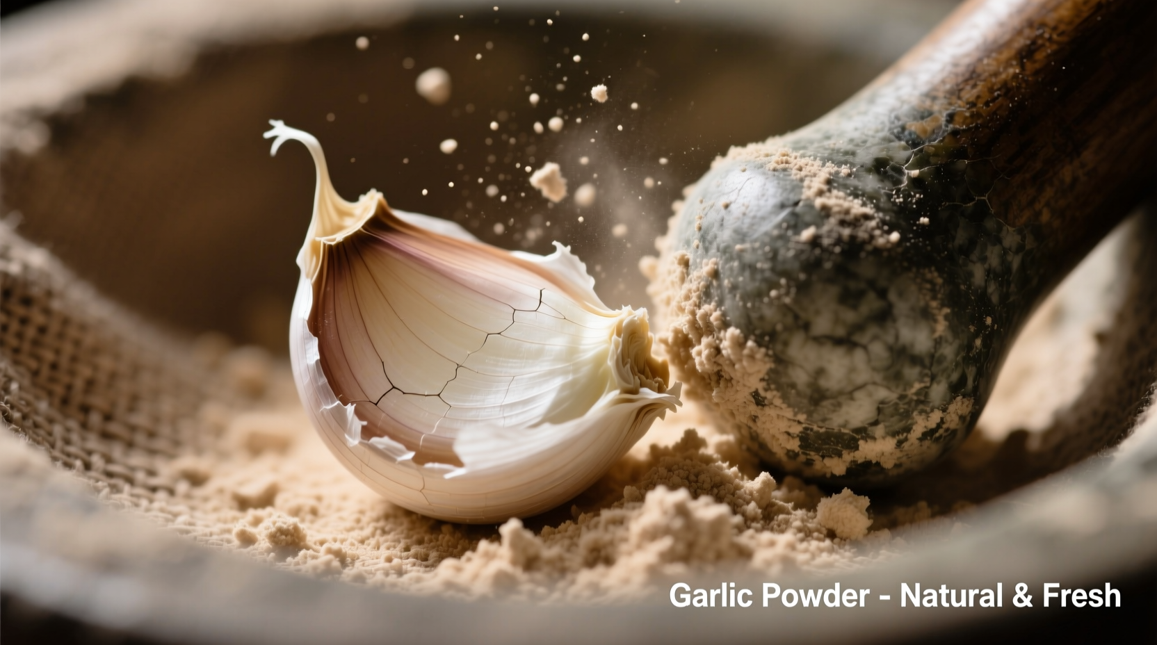 Fresh garlic cloves transforming into fine powder