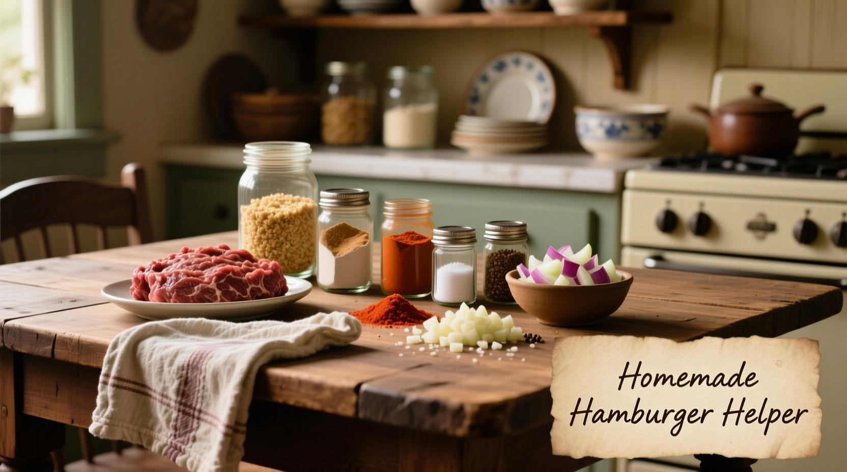 Homemade hamburger helper ingredients on wooden table