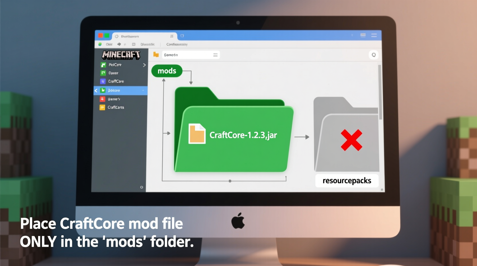 Correct CraftCore mod file placement in Minecraft mods folder