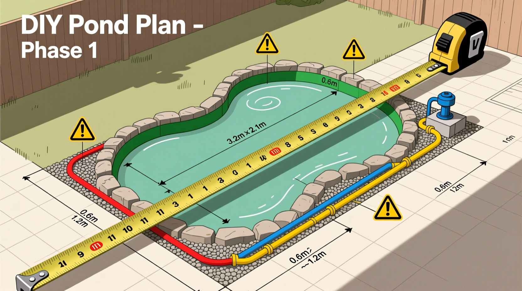DIY pond planning with measuring tape and utility map