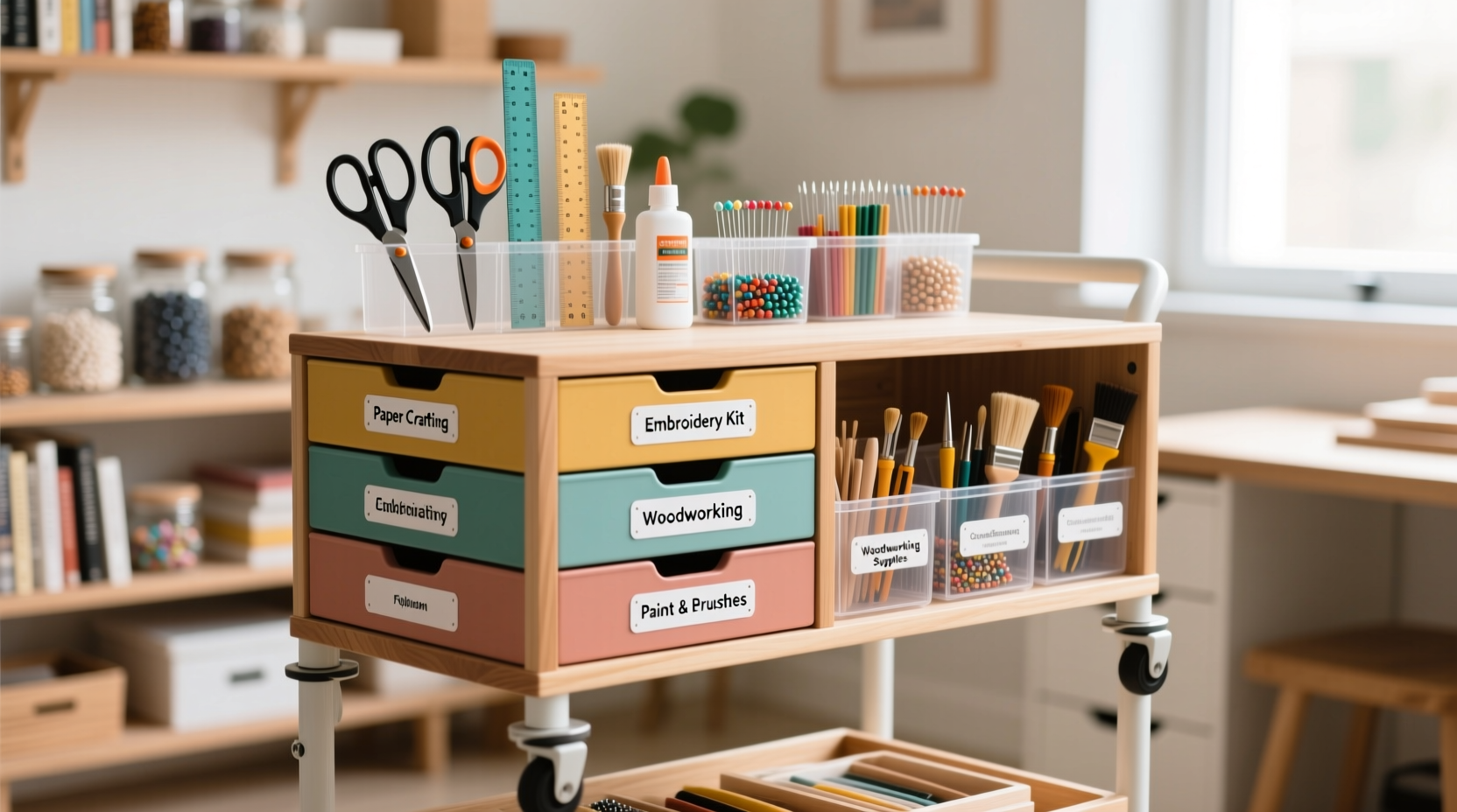 Step-by-step craft cart organization showing project-based zoning