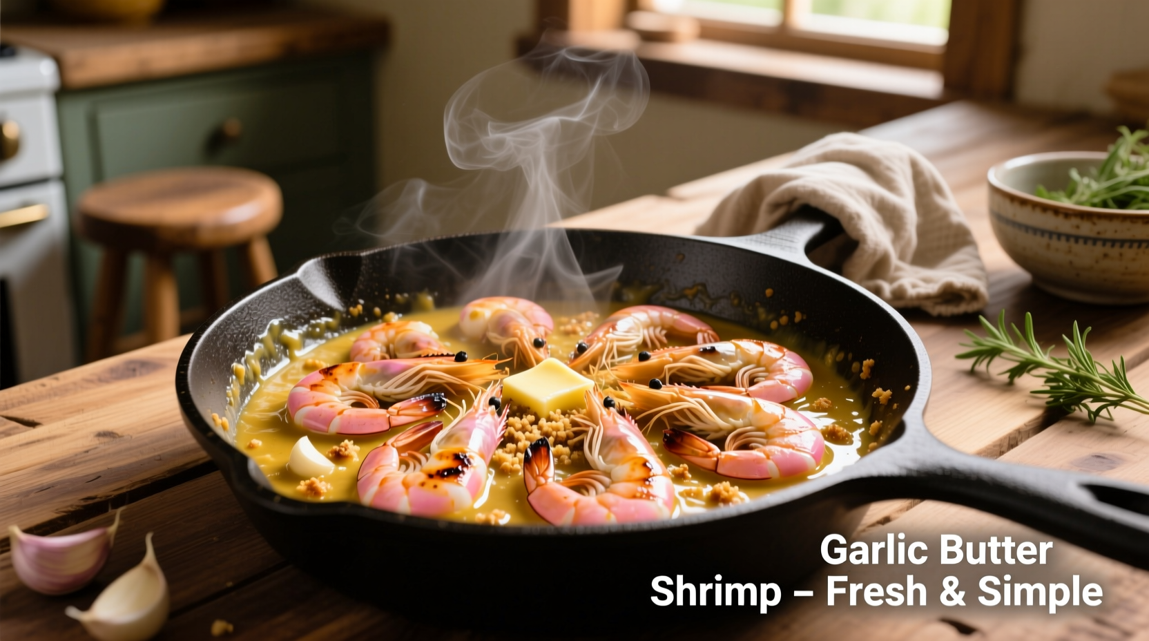 Golden garlic butter sauce in skillet with fresh shrimp