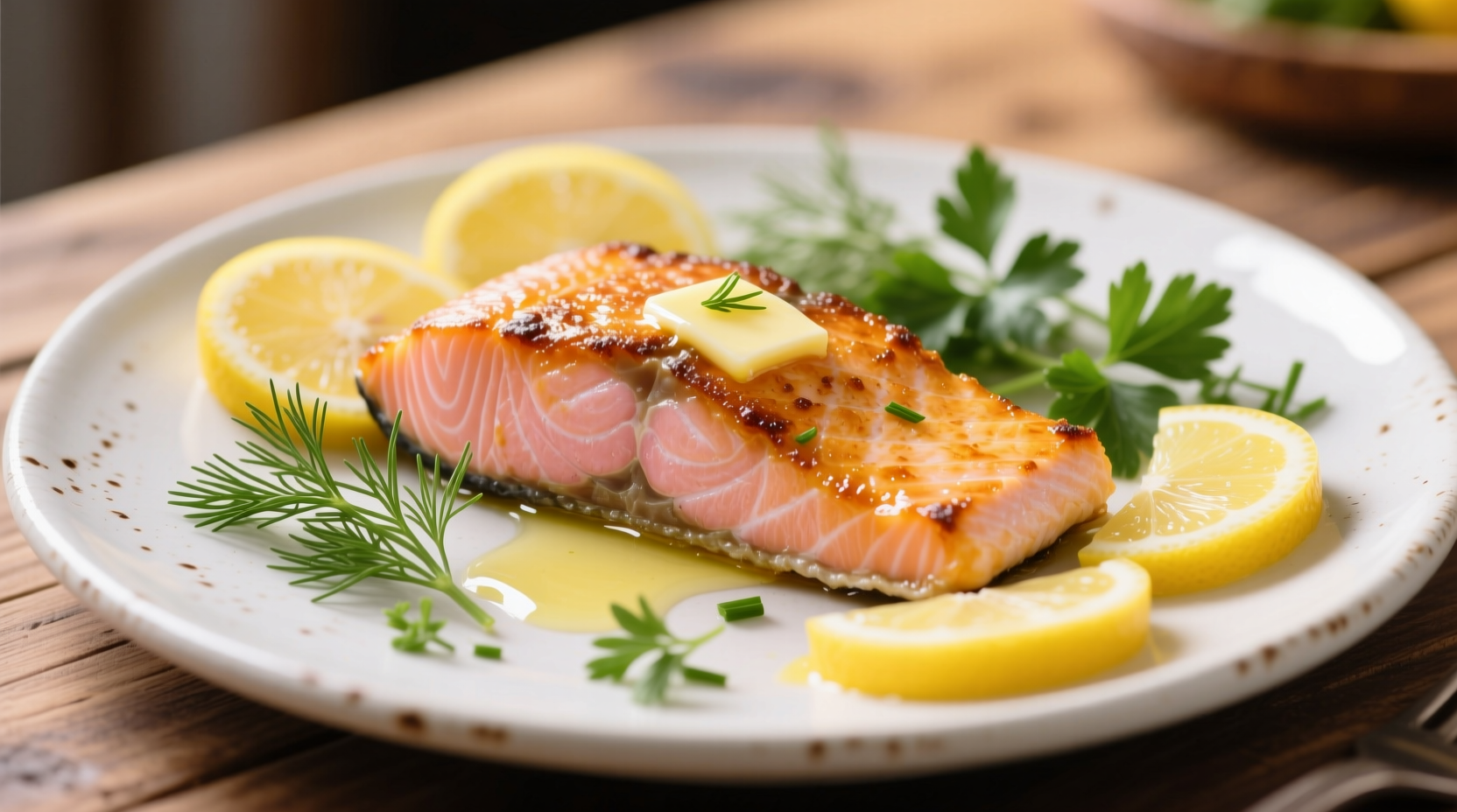 Pan-seared salmon fillet with lemon slices and fresh herbs