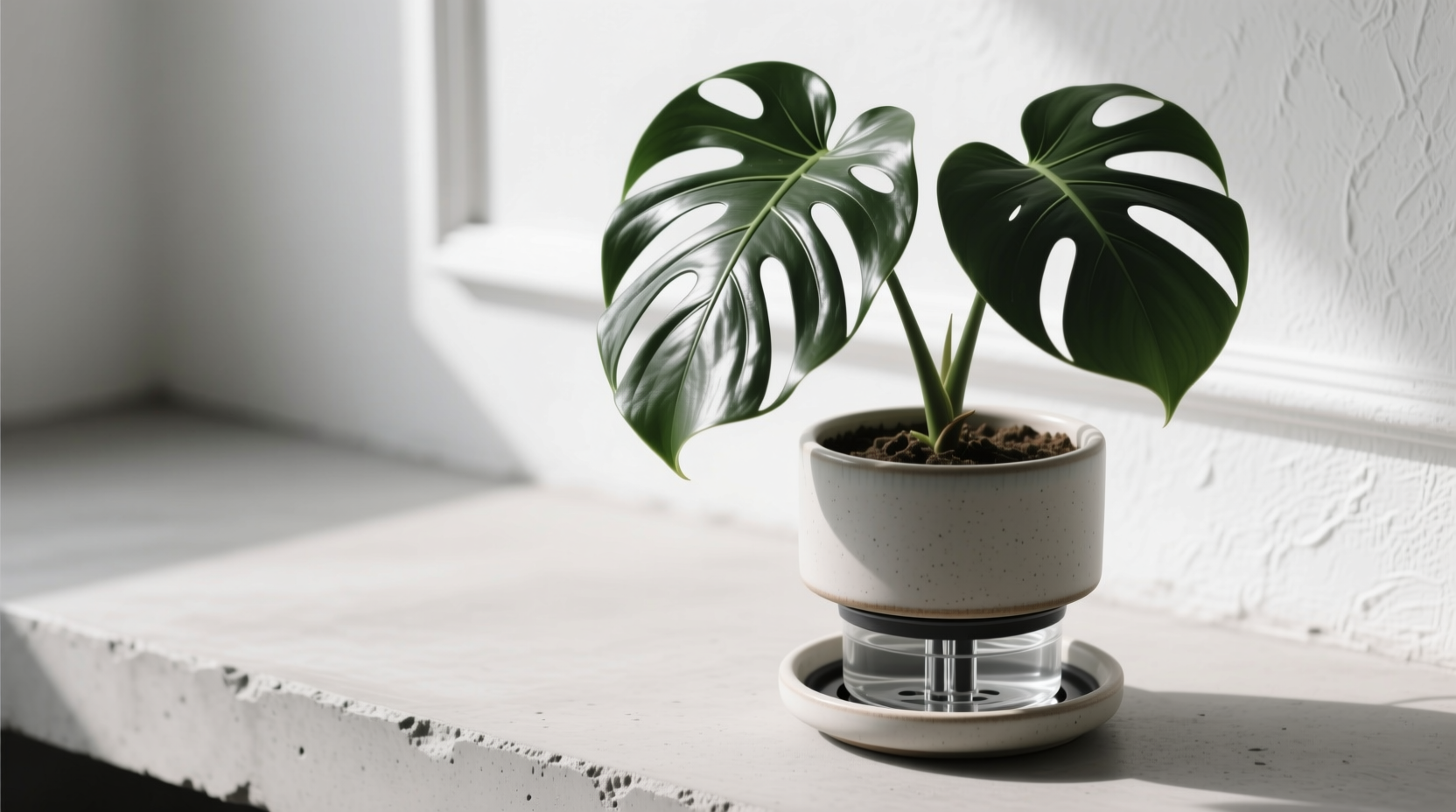 Monthly top watering flush for mineral buildup in bottom-watered Monstera