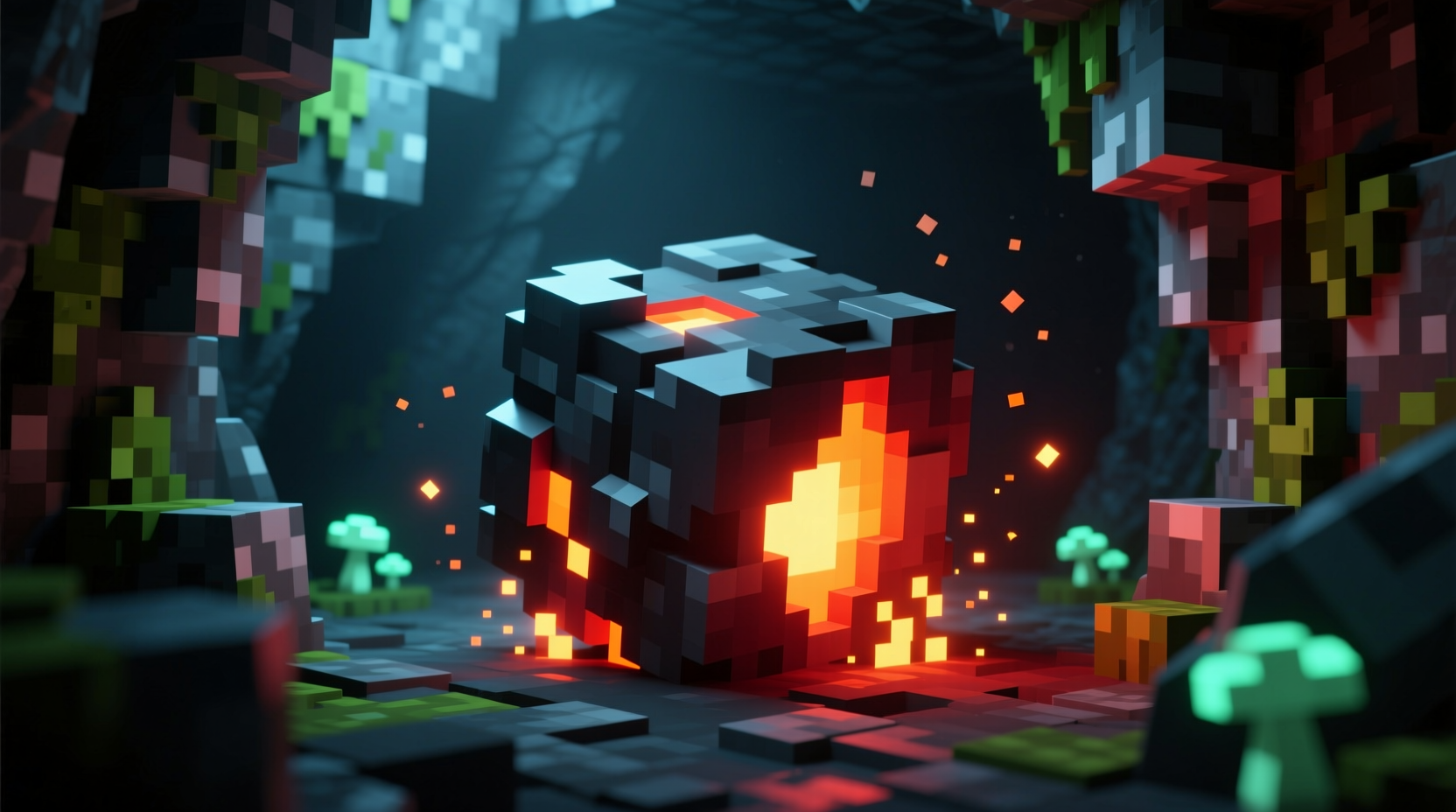 Coal ore block glowing in Minecraft cave