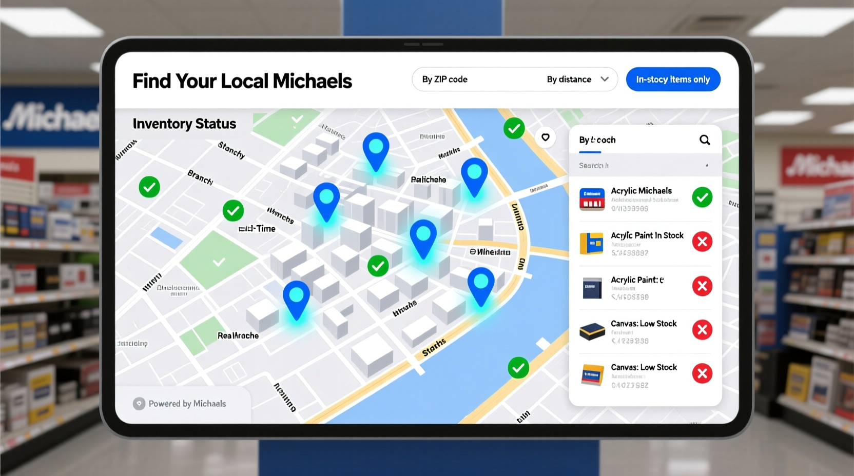 Michaels store locator interface showing map and inventory