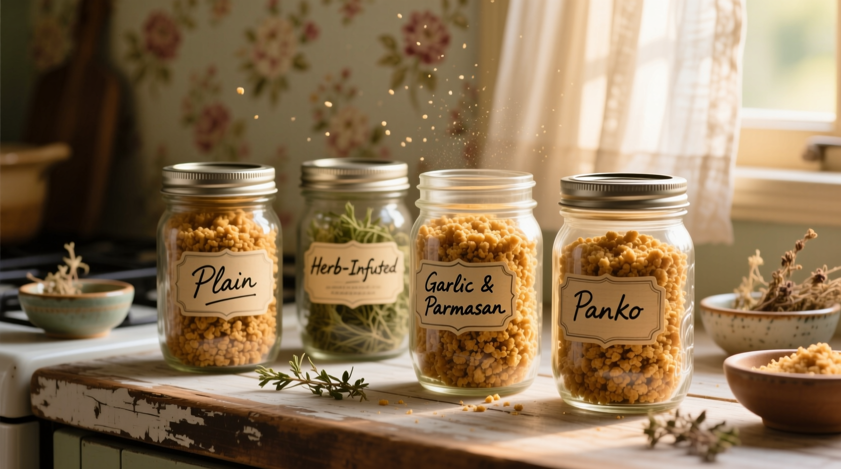 Homemade breadcrumbs stored in labeled mason jars
