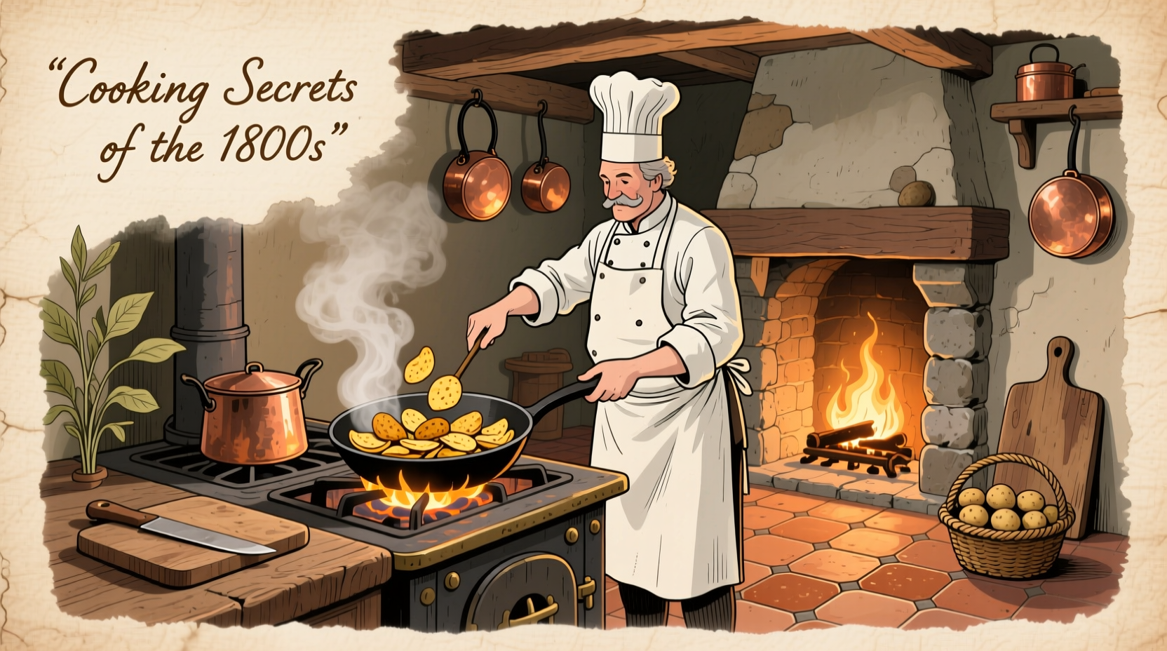 Vintage illustration of 19th century kitchen with chef frying potato chips