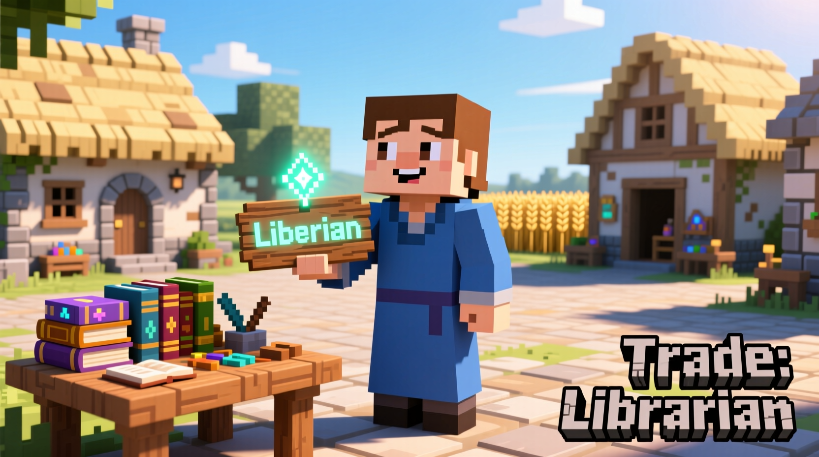 Librarian villager offering nametag trade in Minecraft