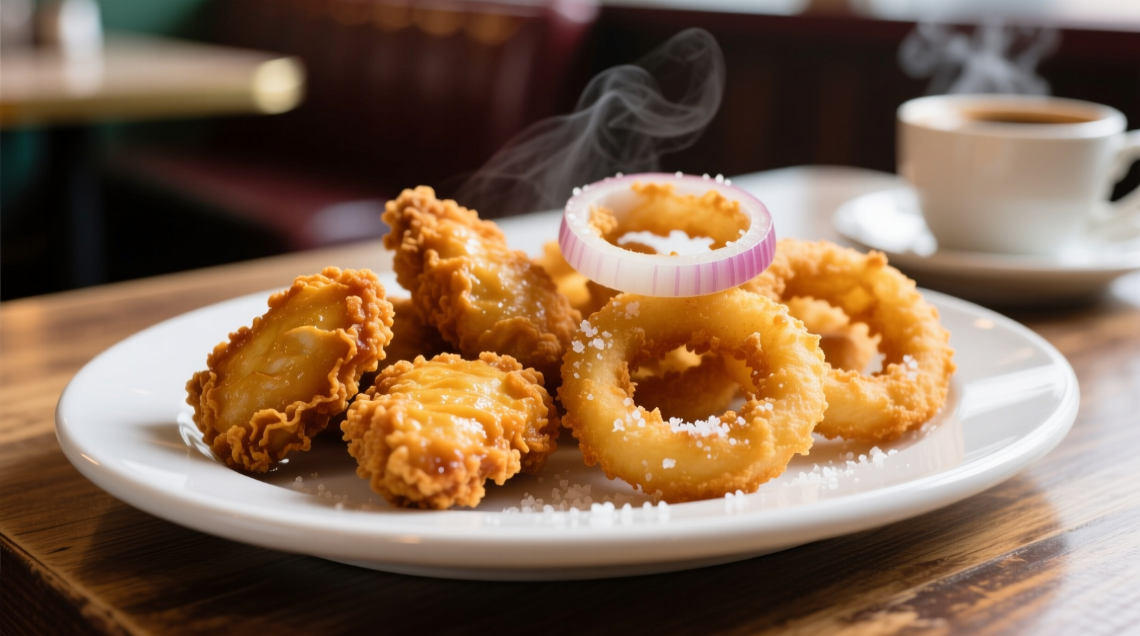 Golden chicken nuggets and crispy onion rings on white plate