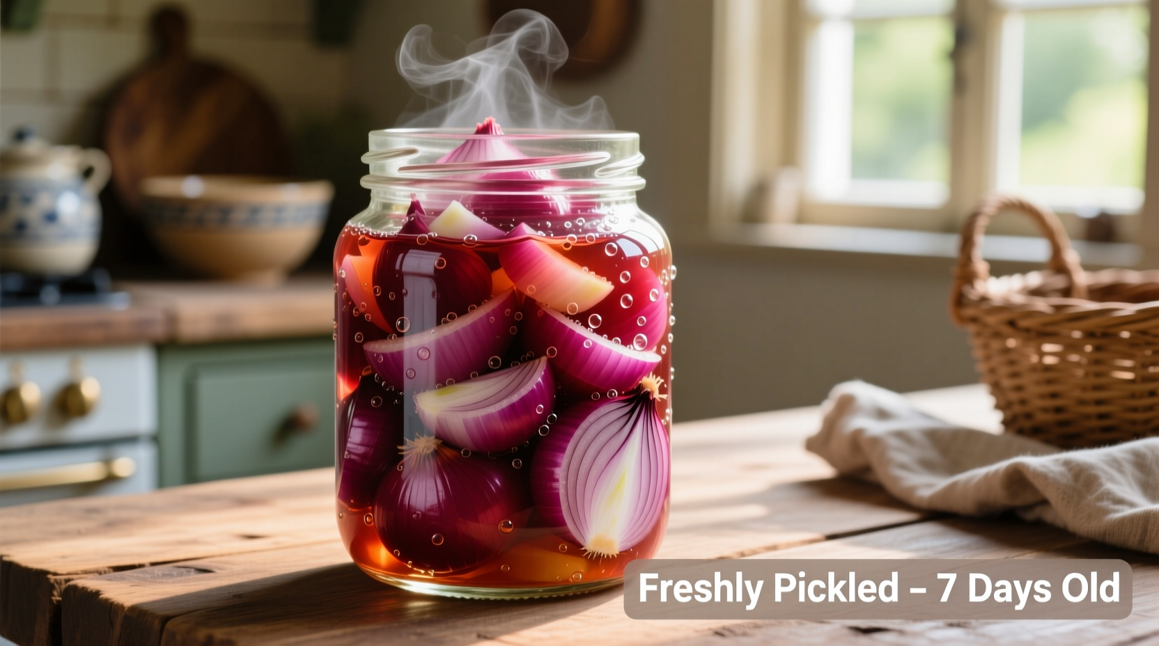 Vibrant pickled red onions in glass jar