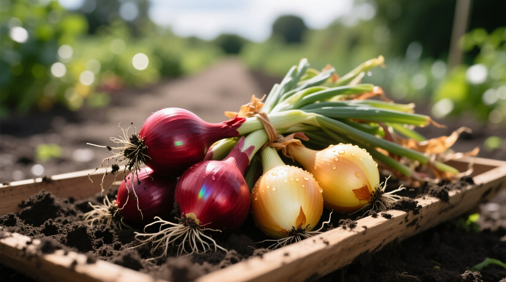 Freshly harvested red and yellow onion sets in garden soil