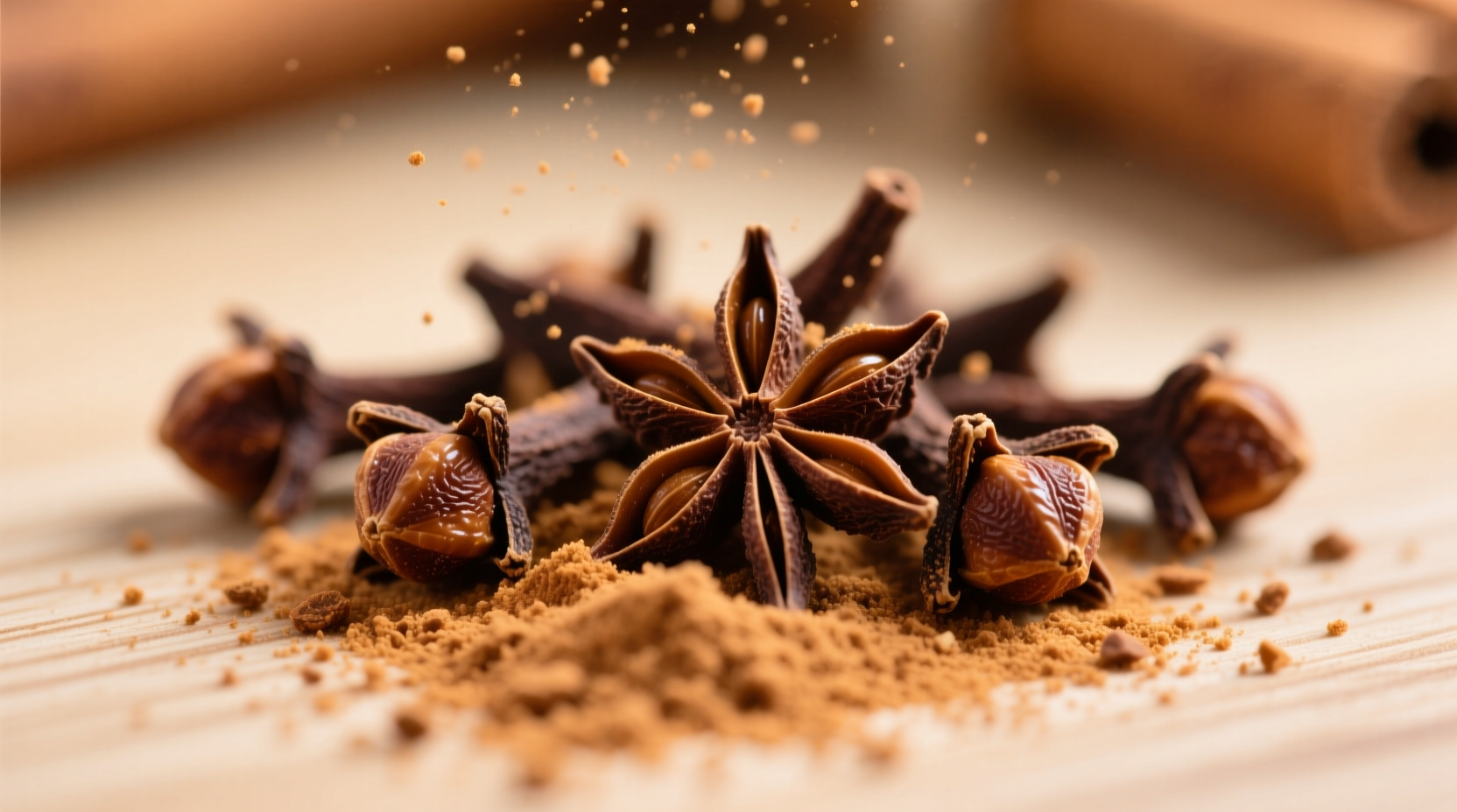 Close-up of whole cloves and ground spice