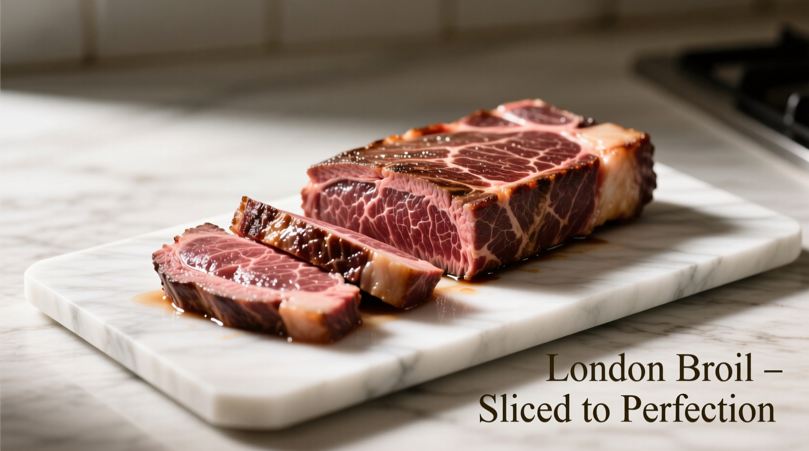 Perfectly sliced London broil with visible grain