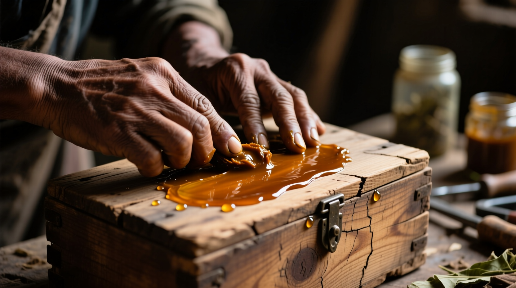 Close-up of hands applying rub on transfer to wooden box
