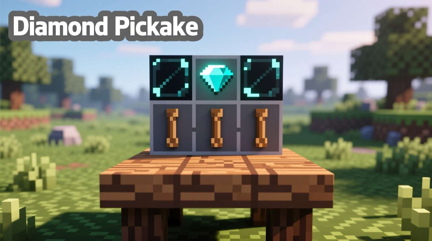 Minecraft crafting table interface with diamond pickaxe recipe