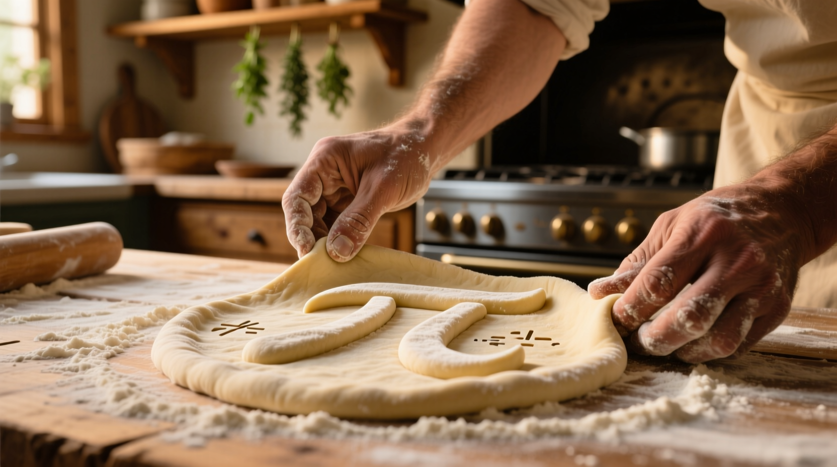 Hands shaping pizza dough into pi symbol on floured surface