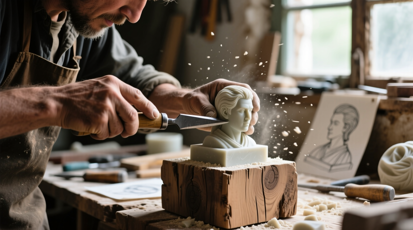 Handmade stone cutter carving soapstone sculpture on wooden block