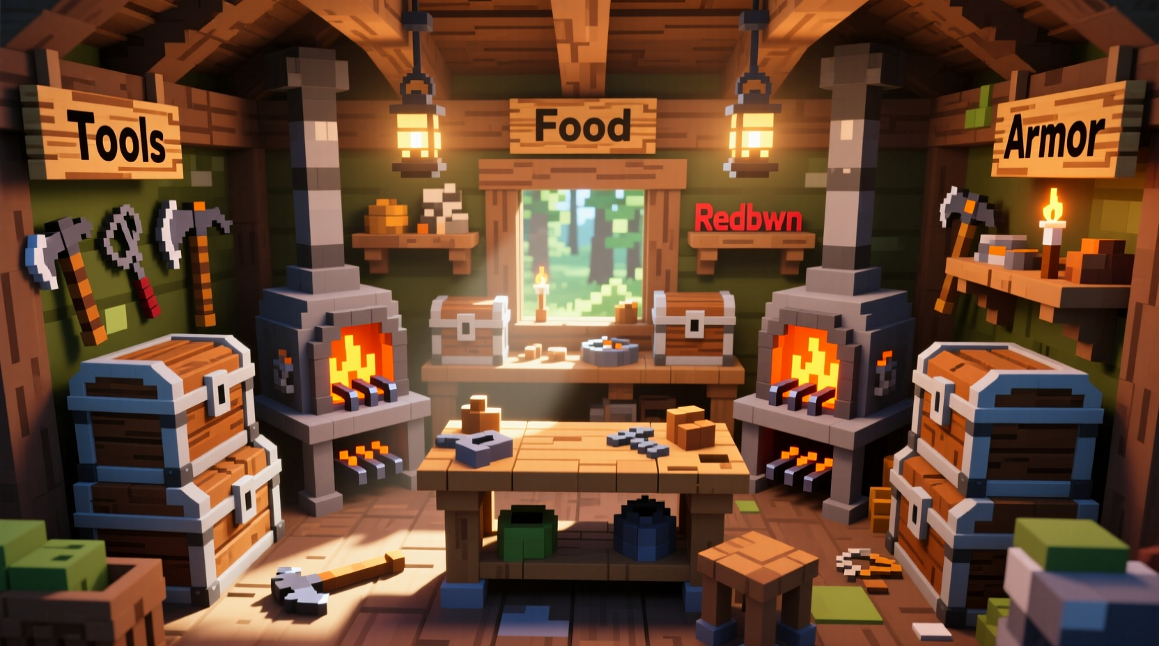 Organized Minecraft crafting station setup with chests and furnaces