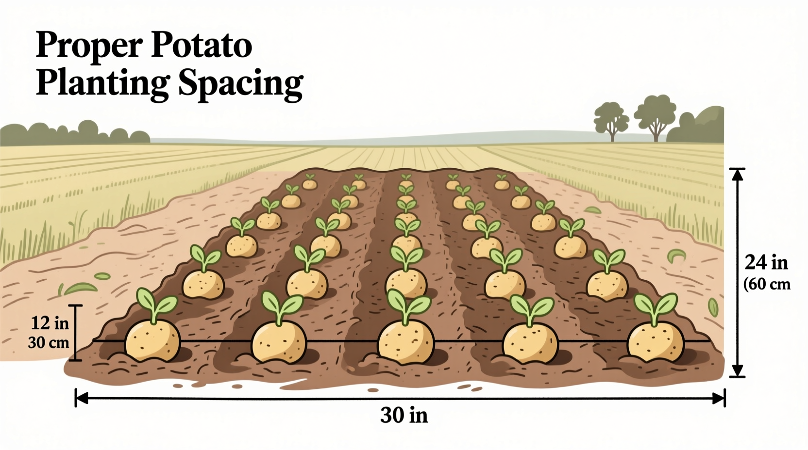 Illustration showing proper potato planting spacing measurements