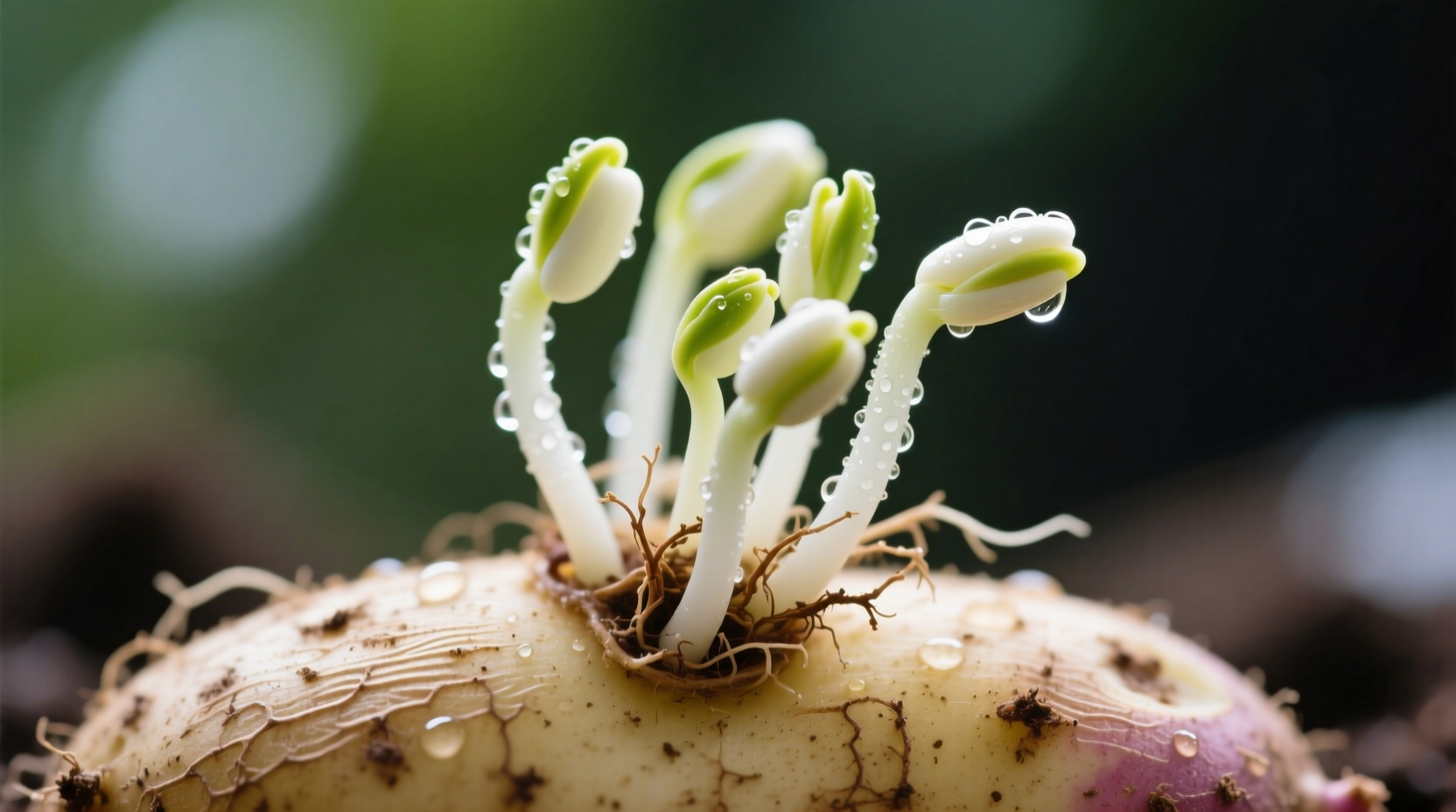 Close-up of sprouted sweet potato with healthy white sprouts