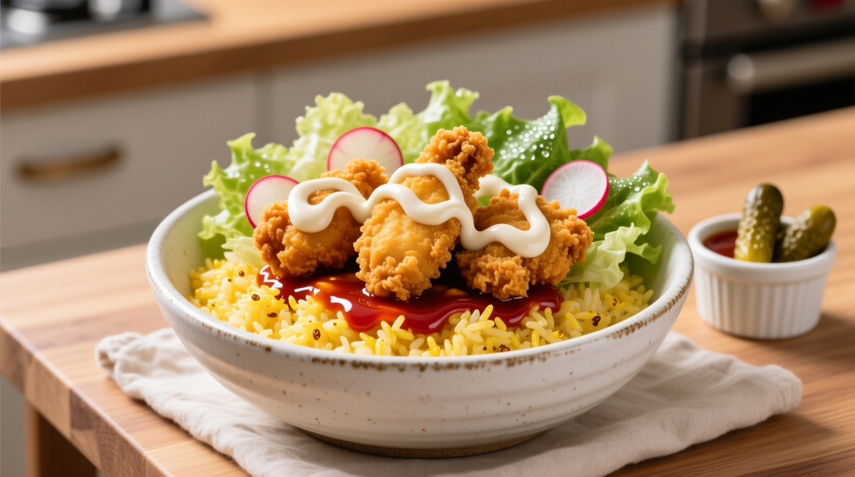 Homemade KFC bowl components layered in white ceramic bowl