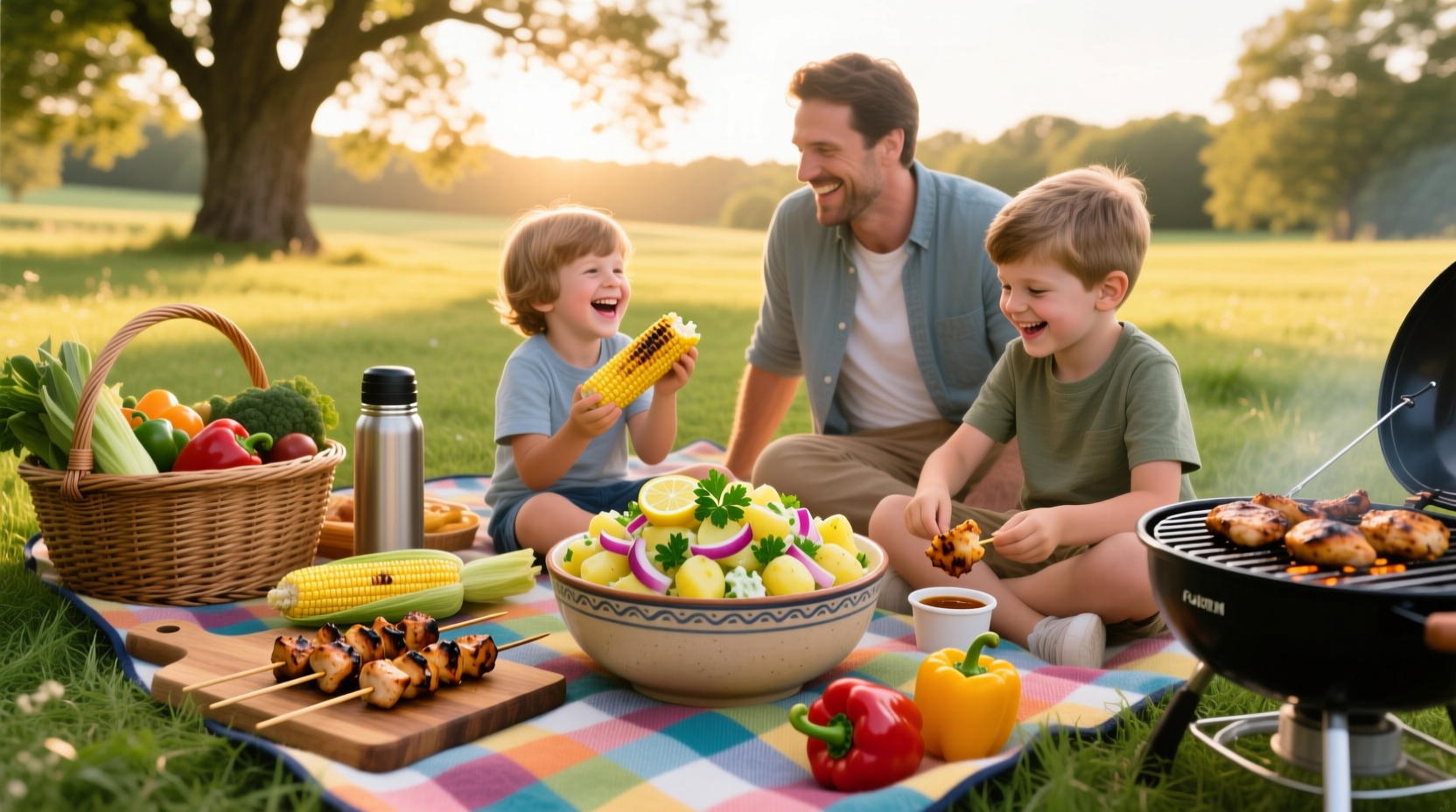 Family picnic with potato salad and grilled foods