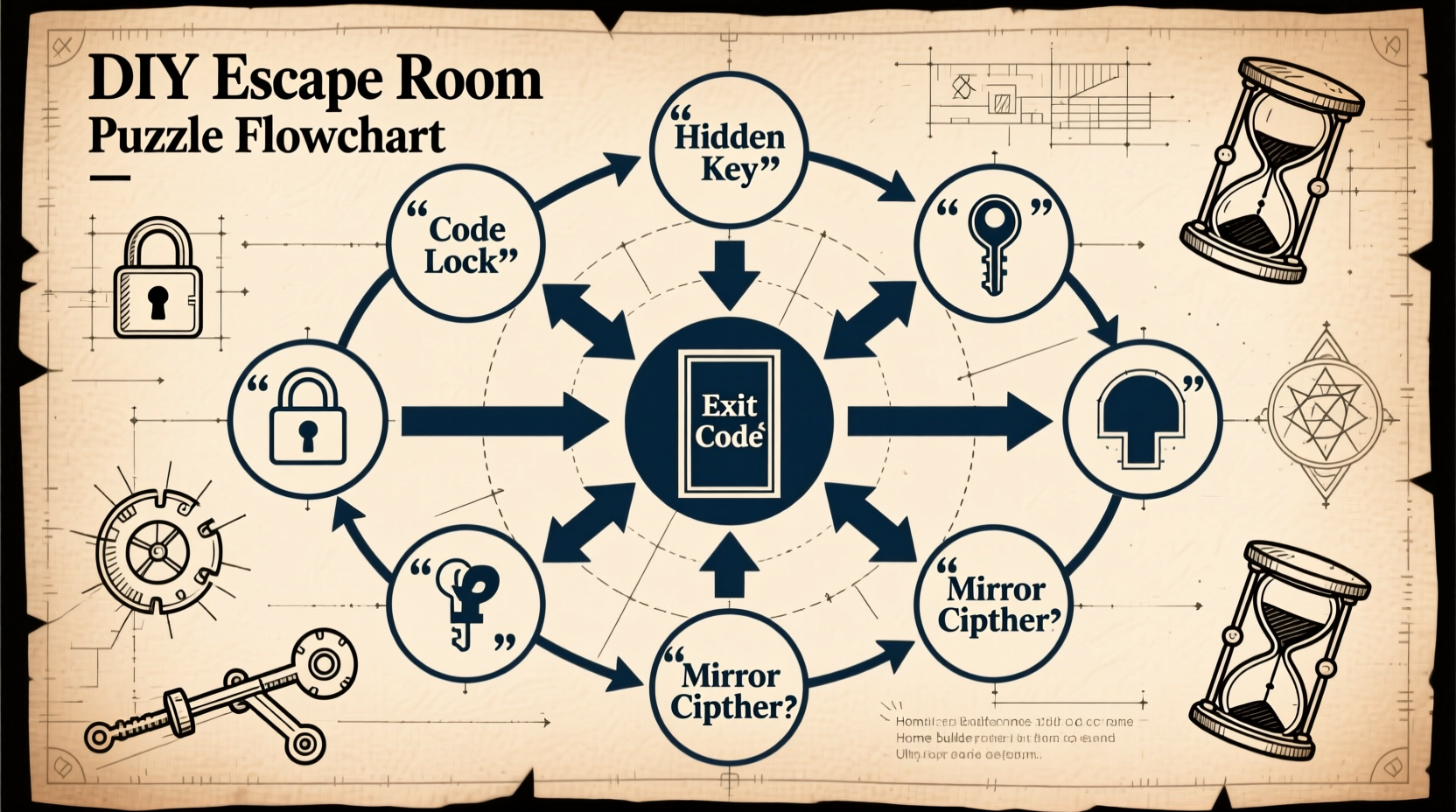 DIY escape room flowchart showing puzzle progression