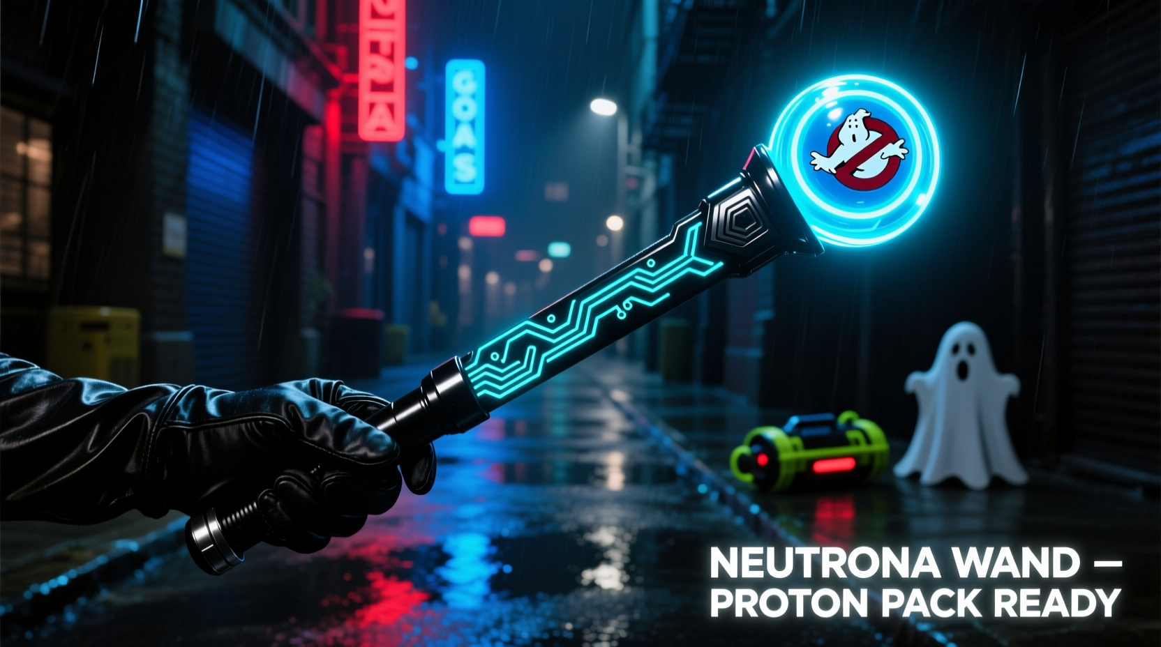 Glow-in-the-dark neutrona wand details for nighttime Ghostbusters cosplay