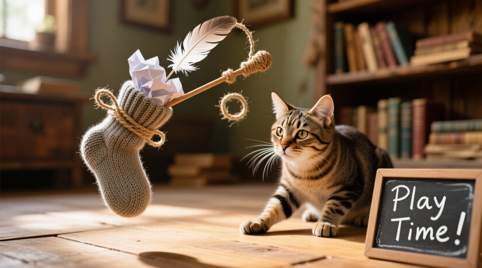 Homemade sock teaser wand for cat play