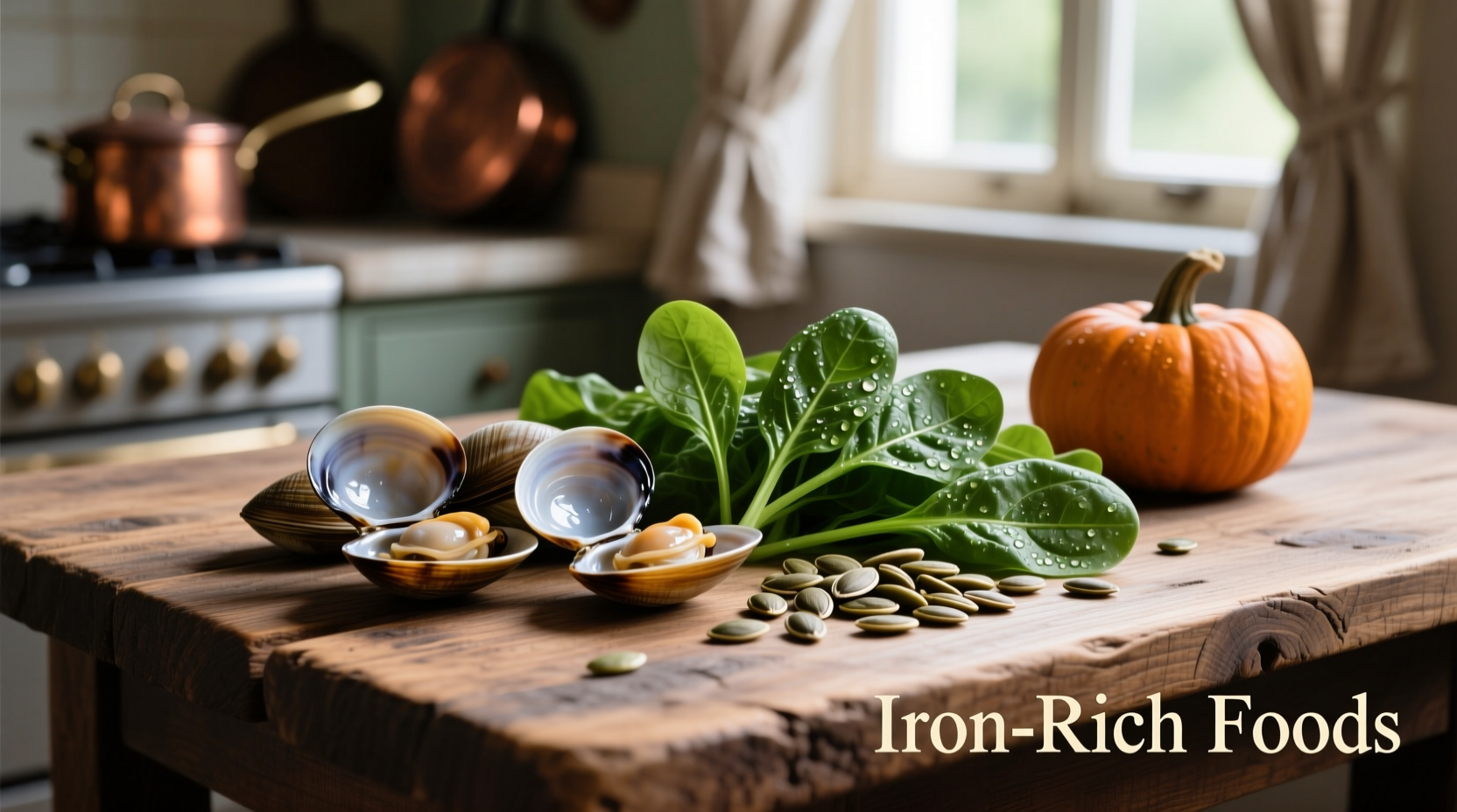 Iron-rich foods including clams, spinach, and pumpkin seeds arranged on a wooden table