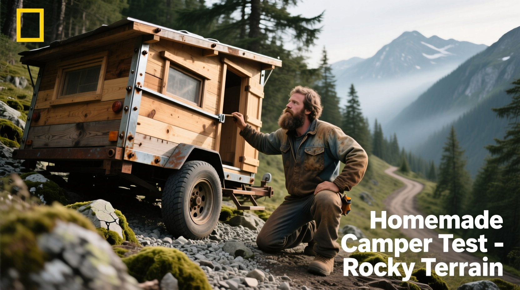 Builder testing homemade camper stability on uneven terrain
