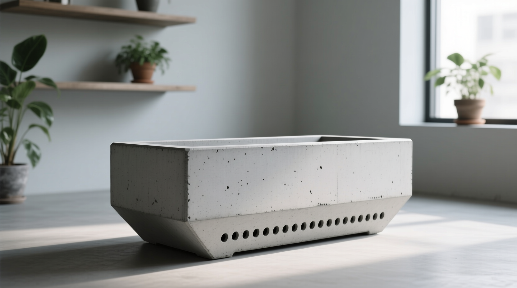 Finished concrete planter with drainage holes and smooth finish