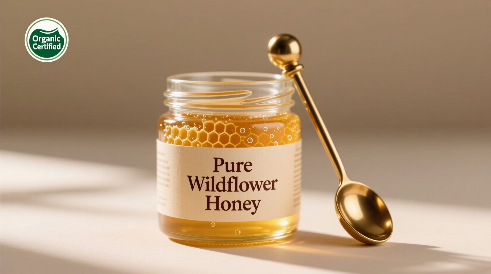 Honey pack components showing jar, honey dipper, and label details