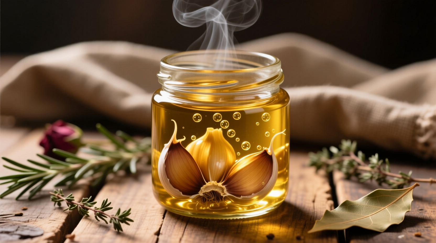 Glass jar of golden garlic confit submerged in olive oil
