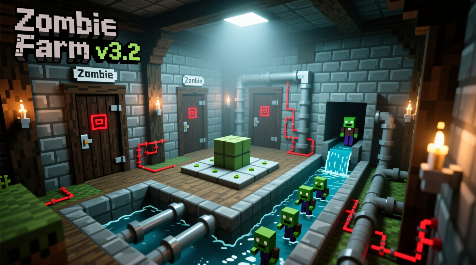 Efficient zombie mob farm with monster spawner and water collection system