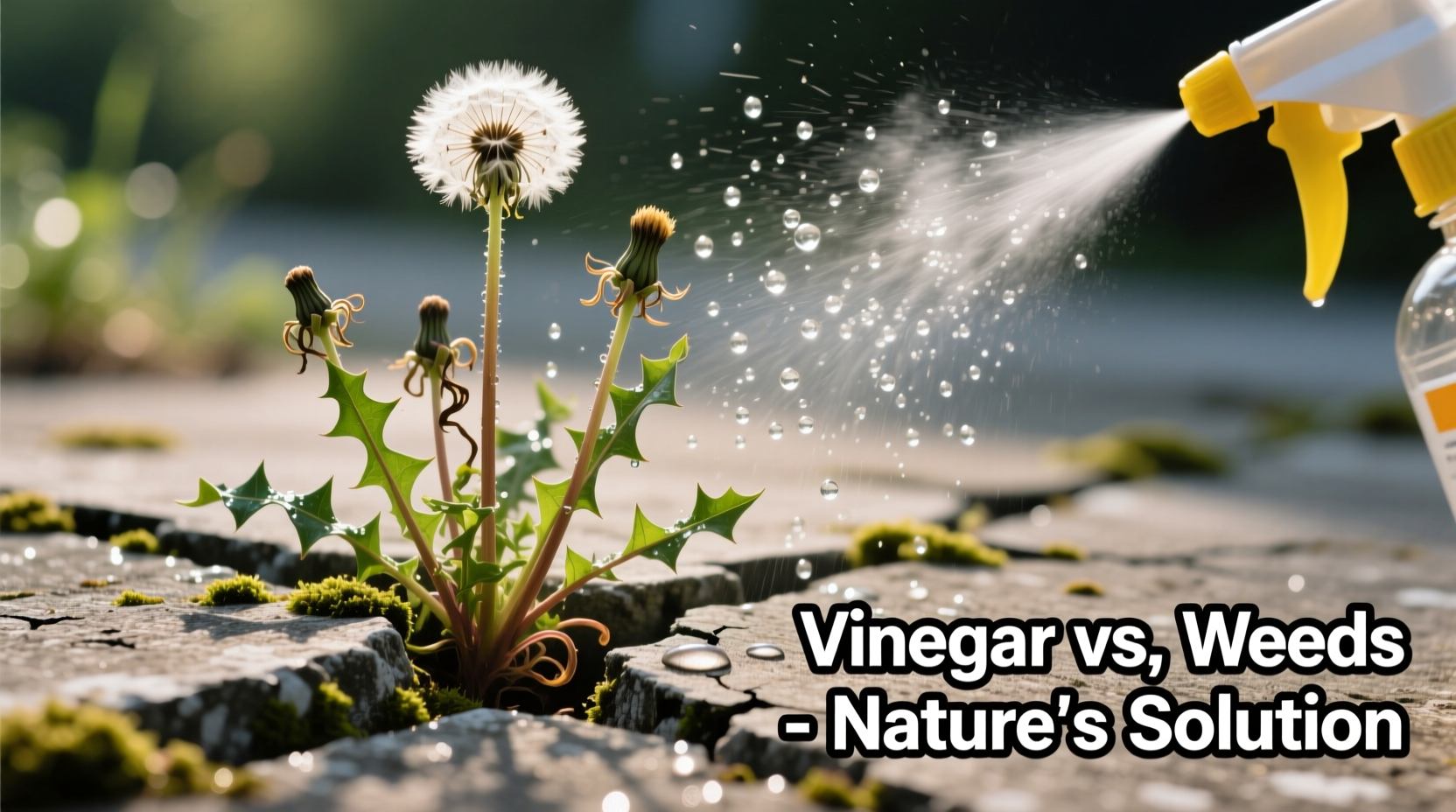 Close-up of vinegar spray killing weeds on concrete
